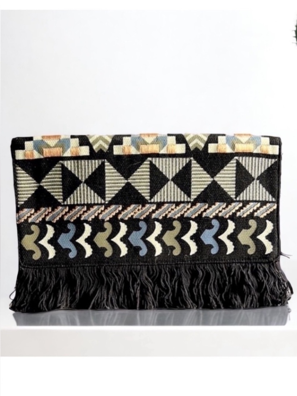 STELLA & Dot Taj Fabric Clutch in Aztec Print with Fringe